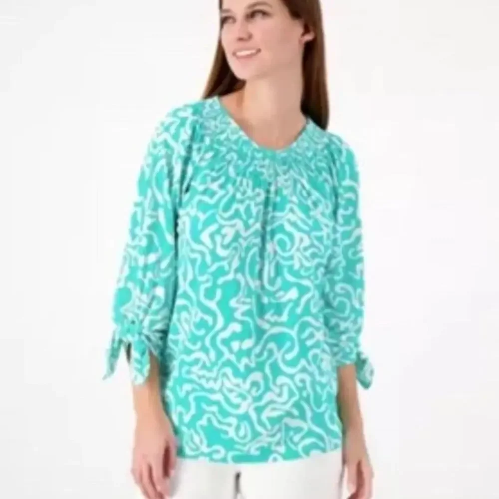 Susan Graver Top Womens 2X Green Loose Flowy 3/4 Tie Sleeve Resort Career Casual